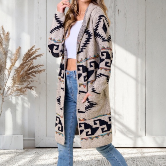 Aztec Tribal Asymmetrical Colorful Western Boho Bohemian Hooded Knit Cardigan - Picture 3 of 4